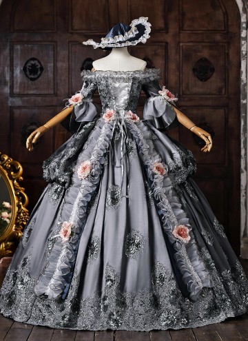 Customized Gray Brocade Off the Shoulder Marie Antoinette Ball Gown Short Sleeve Flower Lace Rococo Masquerade Dress