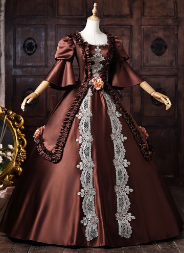 Brown Satin Lace Flower Masquerade Dress Short Puff Sleeve Floor Length Theater Costume