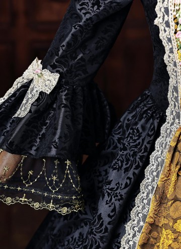 Vintage Black Brocade Gold Floral Jacquard Victorian Ball Gown Lace Long Sleeves Floor Length Historical Dark Fantasy Costume