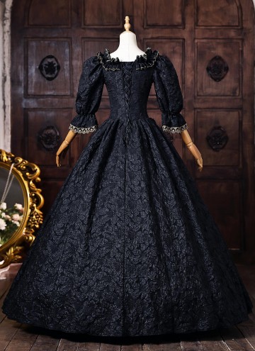 Black Floral Historical Gothic Victorian Ball Gown Half Puff Witch Halloween Costume