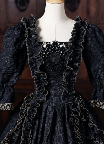 Black Floral Historical Gothic Victorian Ball Gown Half Puff Witch Halloween Costume