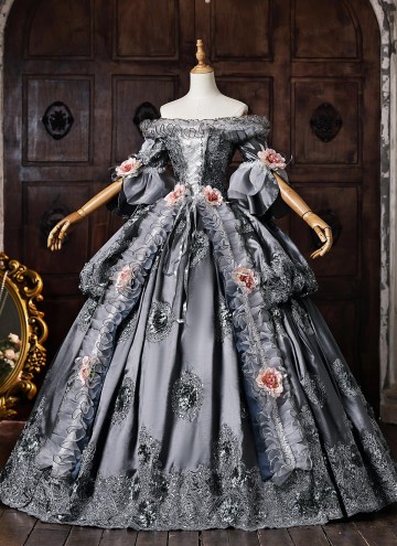 Customized Gray Brocade Off the Shoulder Marie Antoinette Ball Gown Short Sleeve Flower Lace Rococo Masquerade Dress
