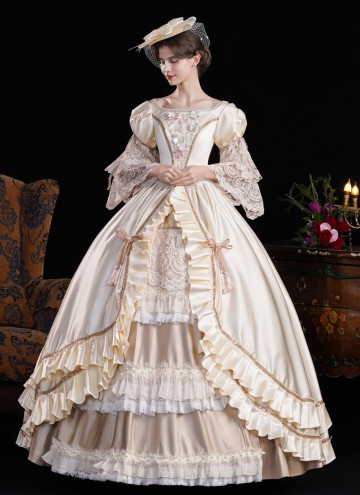 Champagne Lace Ruffled Party Formal Gown Women Stage Theater Costume
