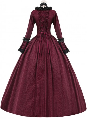 18th Century Burgundy Jacquard Victorian Dress Women Masquerades Historical Dresses