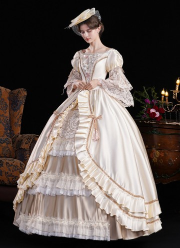 Champagne Lace Ruffled Party Formal Gown Women Stage Theater Costume