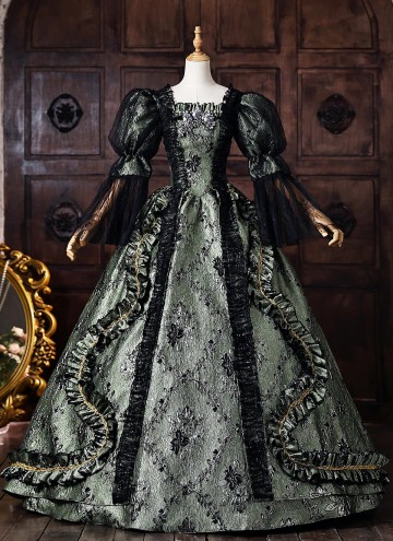 Dark Green Floral Brocade Baroque Victorian Masquerade Dress Lace Puff Sleeves Venice Carnival Holiday Festive Formal Gown