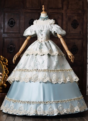 Light Blue Jacquard Party Ball Gown Lacce Short Sleeve Off the Shoulder Theater Costume