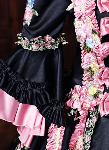 Customize Rococo Black Floral Printed Satin Masquerade Dress Venice Carnival Holiday Festive Formal Gown