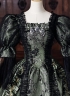 Dark Green Floral Brocade Baroque Victorian Masquerade Dress Lace Puff Sleeves Venice Carnival Holiday Festive Formal Gown