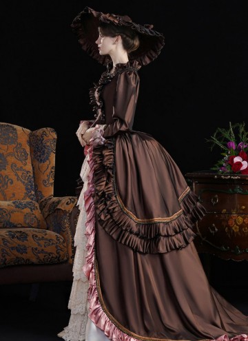 Brown Edwardian 1900s 1910s Tea Party Garden Dress Vintage Bustle Theater Costume
