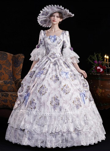 Purple Lace Flower Masquerade Dress Flare Sleeve Floor Length Floral Princess Theater Costume