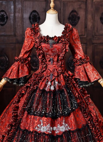 Vampire Red Floral Brocade Long Sleeves Tiered Ruffles Floor Length Masquerade Party Dress
