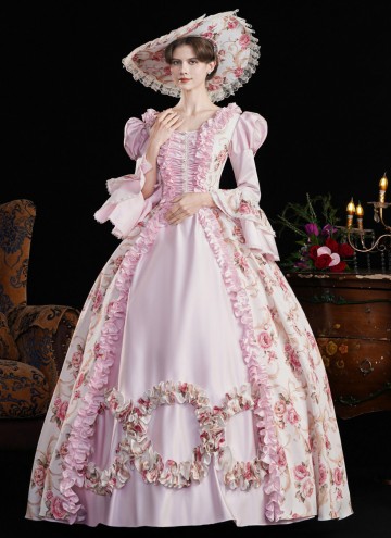 Pink Printed Party Dress Flare Sleeve Floor Length Venice Carnival Costume