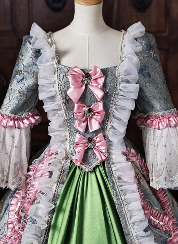 Vintage Jacquard Victorian Tea Party Dress Rococo Bow Lace Long Sleeve Floor Length 18th Century Ball Gown