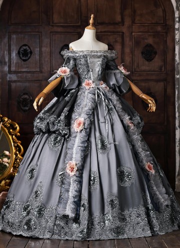 Customized Gray Brocade Off the Shoulder Marie Antoinette Ball Gown Short Sleeve Flower Lace Rococo Masquerade Dress