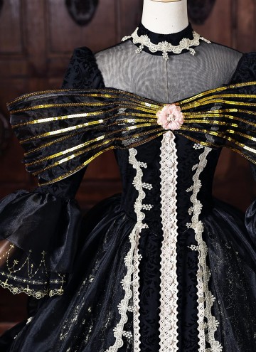 Black Brocade Halloween Dark Fantasy Dress Long Sleeves Floor Length Masquerade Ball Gown