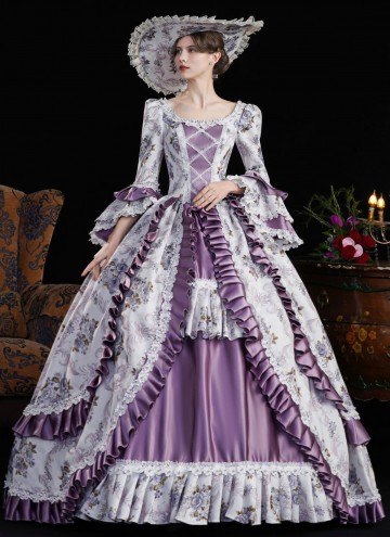Purple Lace Ruffled Printed Holiday Carnival Party Gown Women Fantasy Stage Theater Costume