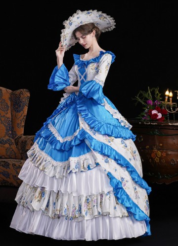 Blue Printed Ruffled Party Dress Floor Length Venice Carnival Fancy Theater Costume