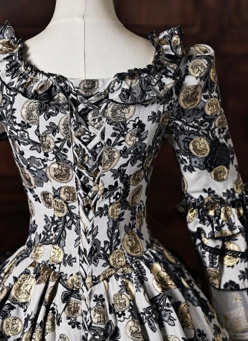 Baroque Black Floral Jacquard Brocade Victorian Rococo Dress Square Collar Long Sleeve Venice Carnival Holiday Festive Formal Gown