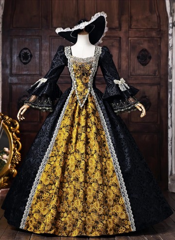 Vintage Black Brocade Gold Floral Jacquard Victorian Ball Gown Lace Long Sleeves Floor Length Historical Dark Fantasy Costume