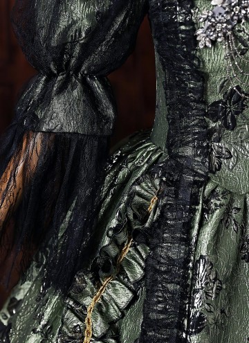 Dark Green Floral Brocade Baroque Victorian Masquerade Dress Lace Puff Sleeves Venice Carnival Holiday Festive Formal Gown