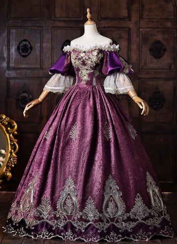 Purple Velvet Gold Embroidery Victorian Rococo Style Masquerade Ball Gown Off the Shoulder Theater Costume