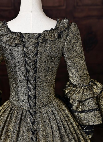 Brocade Baroque 18th Century Queen Marie Antoinette Rococo Masquerade Dress Ball Gown Dark Gold Fantasy Costume