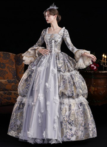 Women Gray Jacquard Multi Layered Festive Formal Gown Masquerade Party Dress
