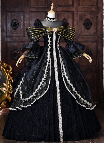 Black Brocade Halloween Dark Fantasy Dress Long Sleeves Floor Length Masquerade Ball Gown