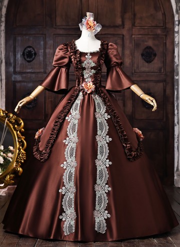 Brown Satin Lace Flower Masquerade Dress Short Puff Sleeve Floor Length Theater Costume