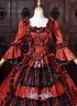 Vampire Red Floral Brocade Long Sleeves Tiered Ruffles Floor Length Masquerade Party Dress