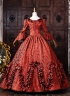 Vampire Red Floral Brocade Long Sleeves Tiered Ruffles Floor Length Masquerade Party Dress