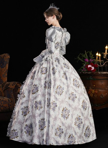 Blue Printed Cosplay Theme Party Dress Flare Sleeve Floor Length Venice Fancy Costume