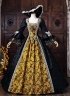 Vintage Black Brocade Gold Floral Jacquard Victorian Ball Gown Lace Long Sleeves Floor Length Historical Dark Fantasy Costume