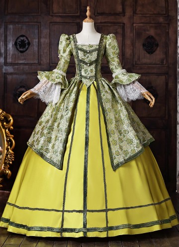 Yellow Green Floral Brocade Rococo Formal Party Dress Lace Long Sleeve Theater Costume