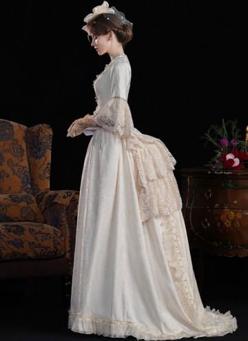 Edwardian Champagne Jacquard 1890s 1900s Vintage Downton Abbey Dress Theater Clothing