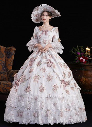 Purple Lace Flower Masquerade Dress Flare Sleeve Floor Length Floral Princess Theater Costume