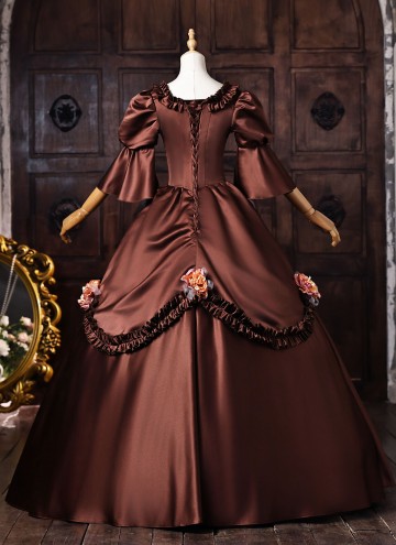 Brown Satin Lace Flower Masquerade Dress Short Puff Sleeve Floor Length Theater Costume