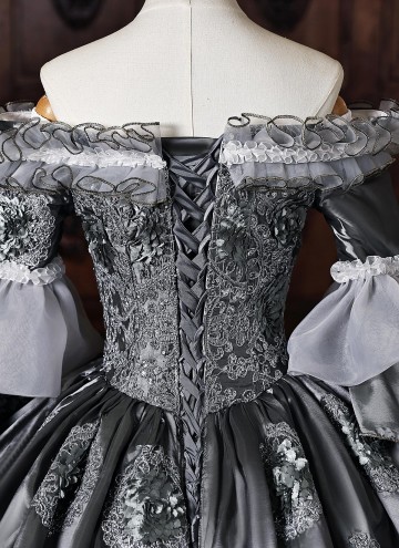 Customized Gray Brocade Off the Shoulder Marie Antoinette Ball Gown Short Sleeve Flower Lace Rococo Masquerade Dress