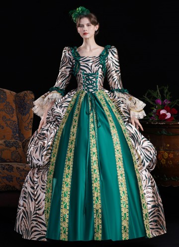 Green Brocade Satin Zebra-Print Multi Layered Carnival Inspired Ball Gown Cosplay Theater Costume