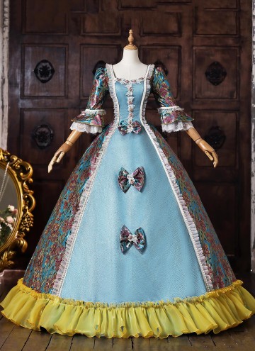 Blue Floral Brocade Masquerade Ball Gown Bow Lace Half Sleeve Flooer Length Lace-Up Corset Back Fantasy Clothing