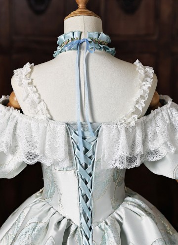Light Blue Jacquard Party Ball Gown Lacce Short Sleeve Off the Shoulder Theater Costume