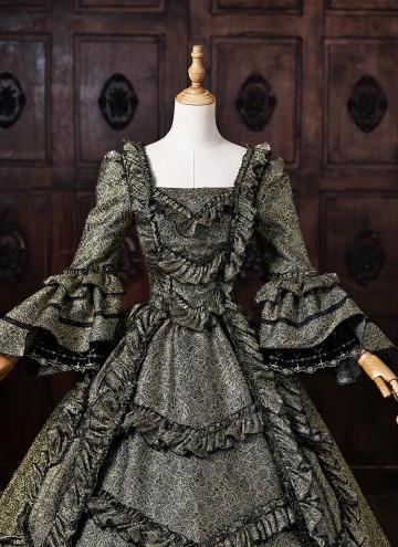 Brocade Baroque 18th Century Queen Marie Antoinette Rococo Masquerade Dress Ball Gown Dark Gold Fantasy Costume