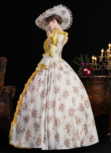 Pink Printed Party Dress Flare Sleeve Floor Length Venice Carnival Costume