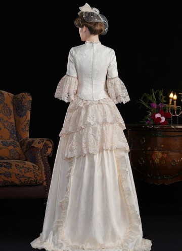 Edwardian Champagne Jacquard 1890s 1900s Vintage Downton Abbey Dress Theater Clothing
