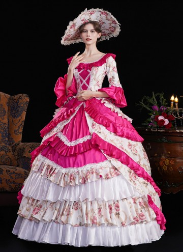 Blue Printed Ruffled Party Dress Floor Length Venice Carnival Fancy Theater Costume