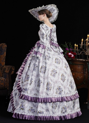 Purple Lace Ruffled Printed Holiday Carnival Party Gown Women Fantasy Stage Theater Costume