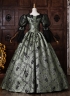 Dark Green Floral Brocade Baroque Victorian Masquerade Dress Lace Puff Sleeves Venice Carnival Holiday Festive Formal Gown