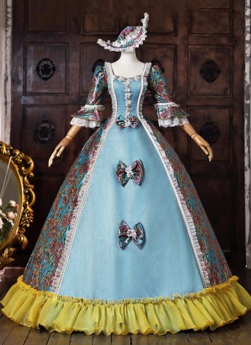 Blue Floral Brocade Masquerade Ball Gown Bow Lace Half Sleeve Flooer Length Lace-Up Corset Back Fantasy Clothing