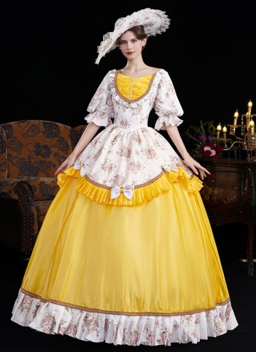 Yellow Printed Ruffled Party Dress Venice Carnival Holiday Festive Formal Gown